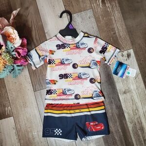 NWT Disney Pixar Cars Toddler Boy Short Sleeve Rash Guard and Swim Shorts Set